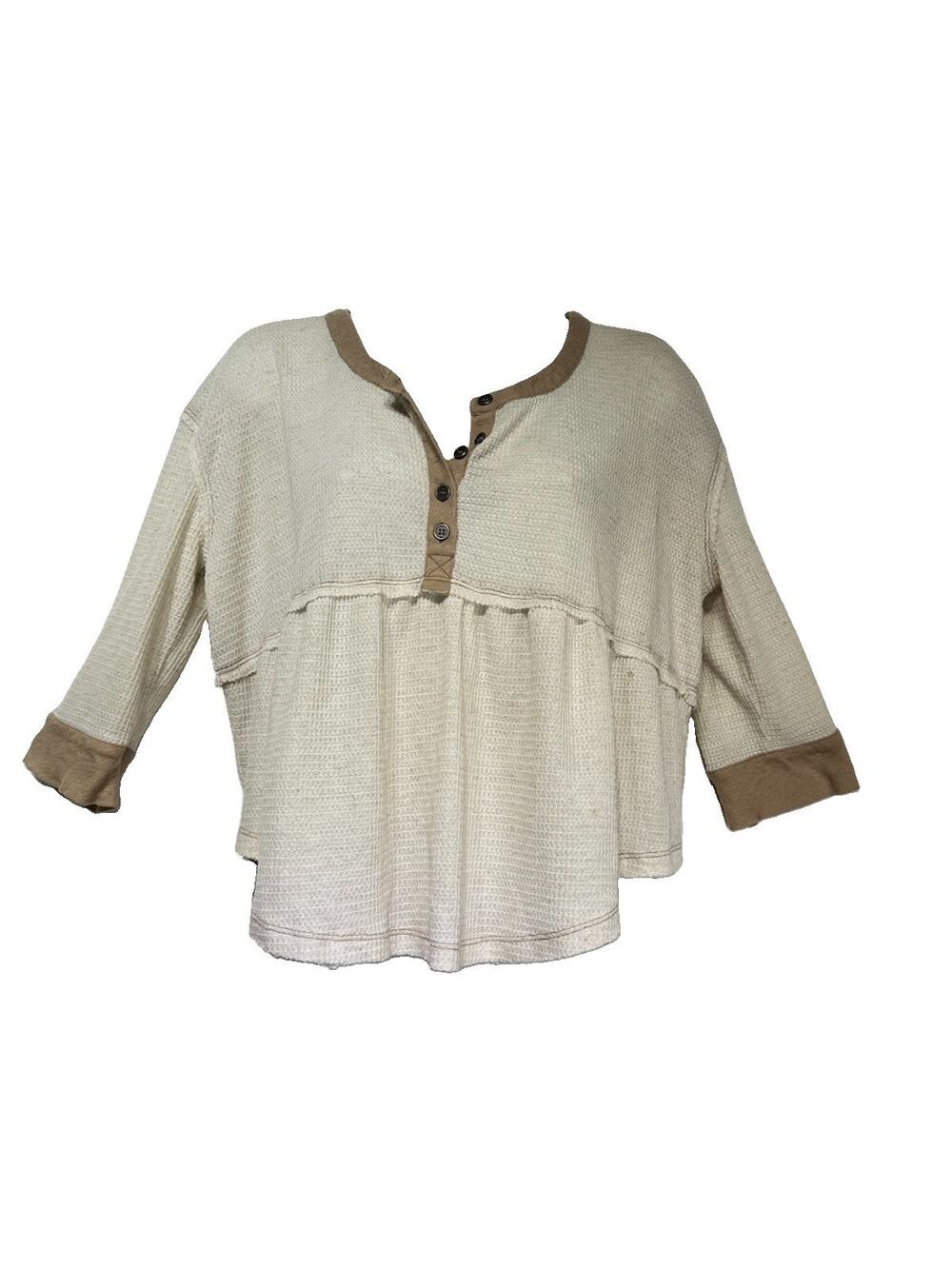 Free People We The Free Beige Button Ruffle Cropped Thermal Top Size P/S